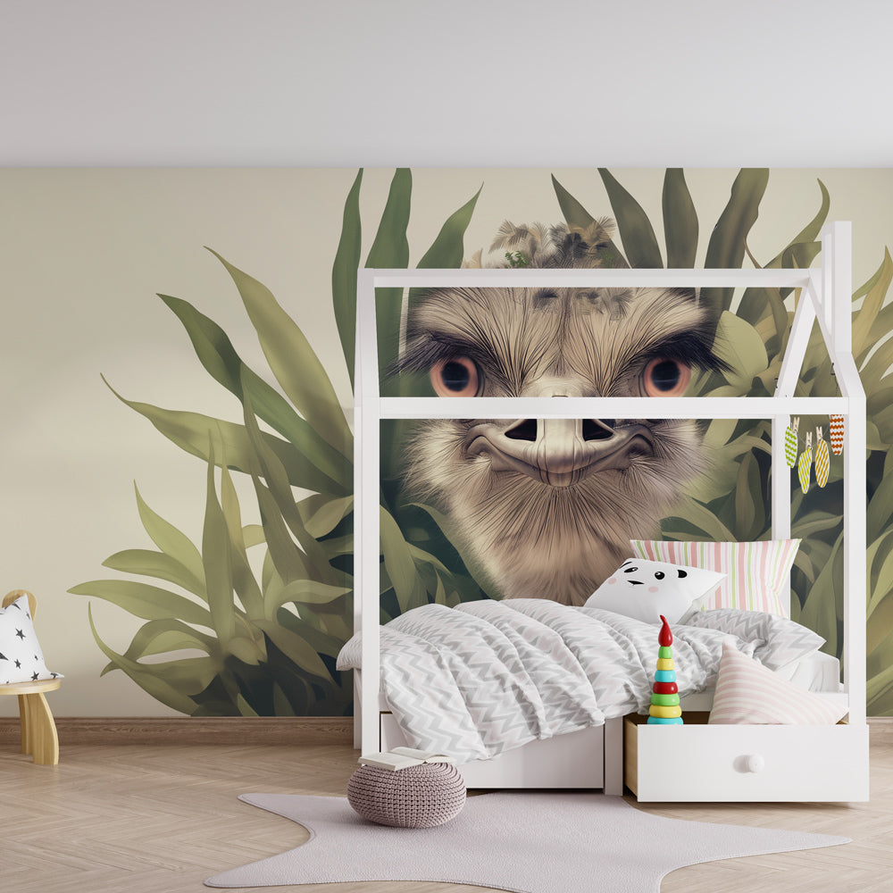 Playful ostrich animal wallpaper creating tropical atmosphere in kids bedroom interior
