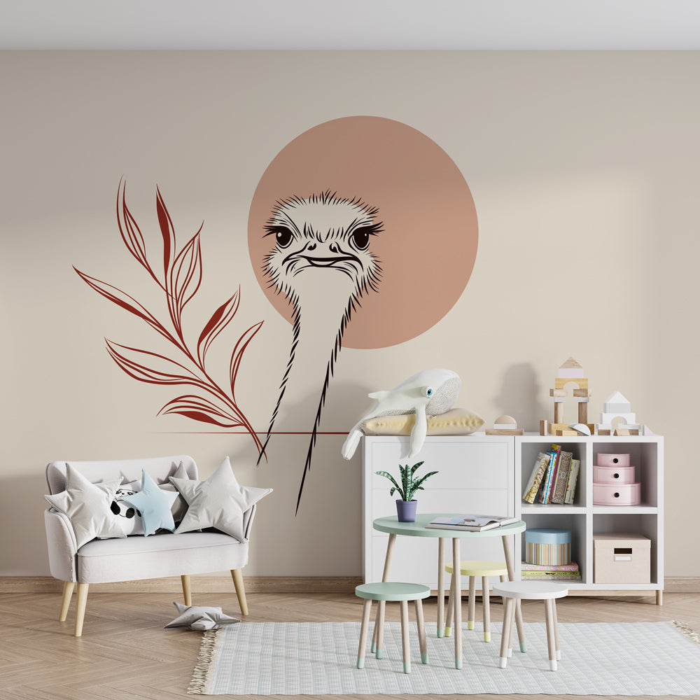 Sophisticated ostrich and foliage wallpaper in contemporary baby room setting with natural lighting