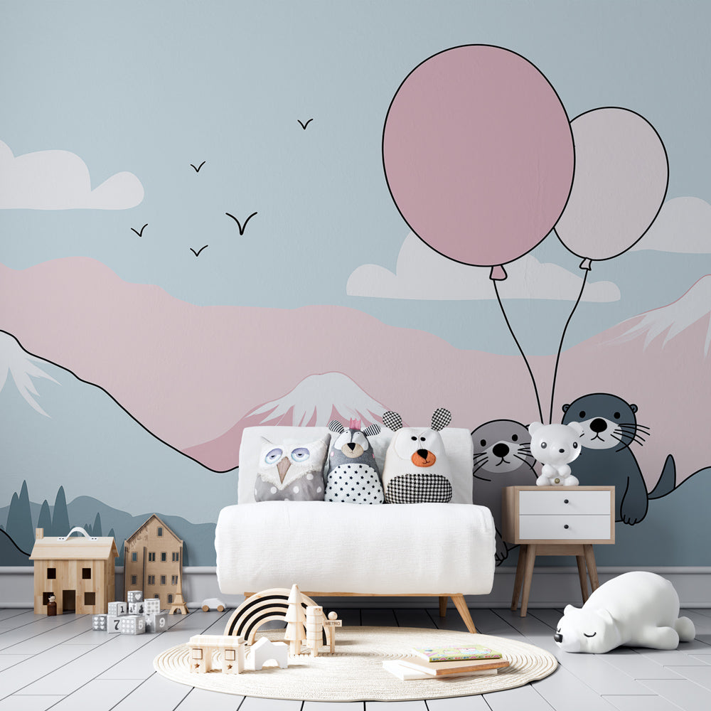 Playful otter wallpaper creating serene mountain nursery decor with soft pastel colors