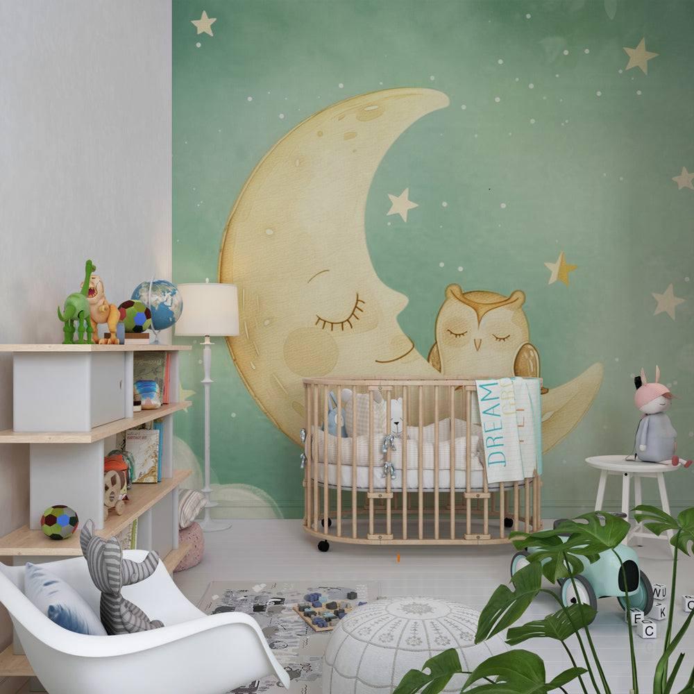 Night sky wallpaper with sleeping owl and moon decorating modern baby nursery interior