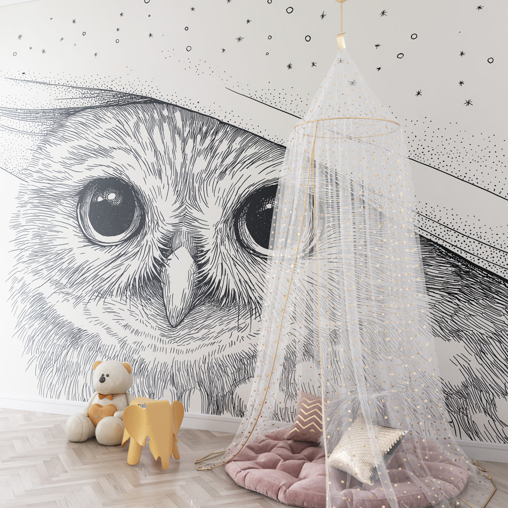 Enchanting owl and stars wallpaper in modern baby bedroom with soft gray tones by Kids-Mundo