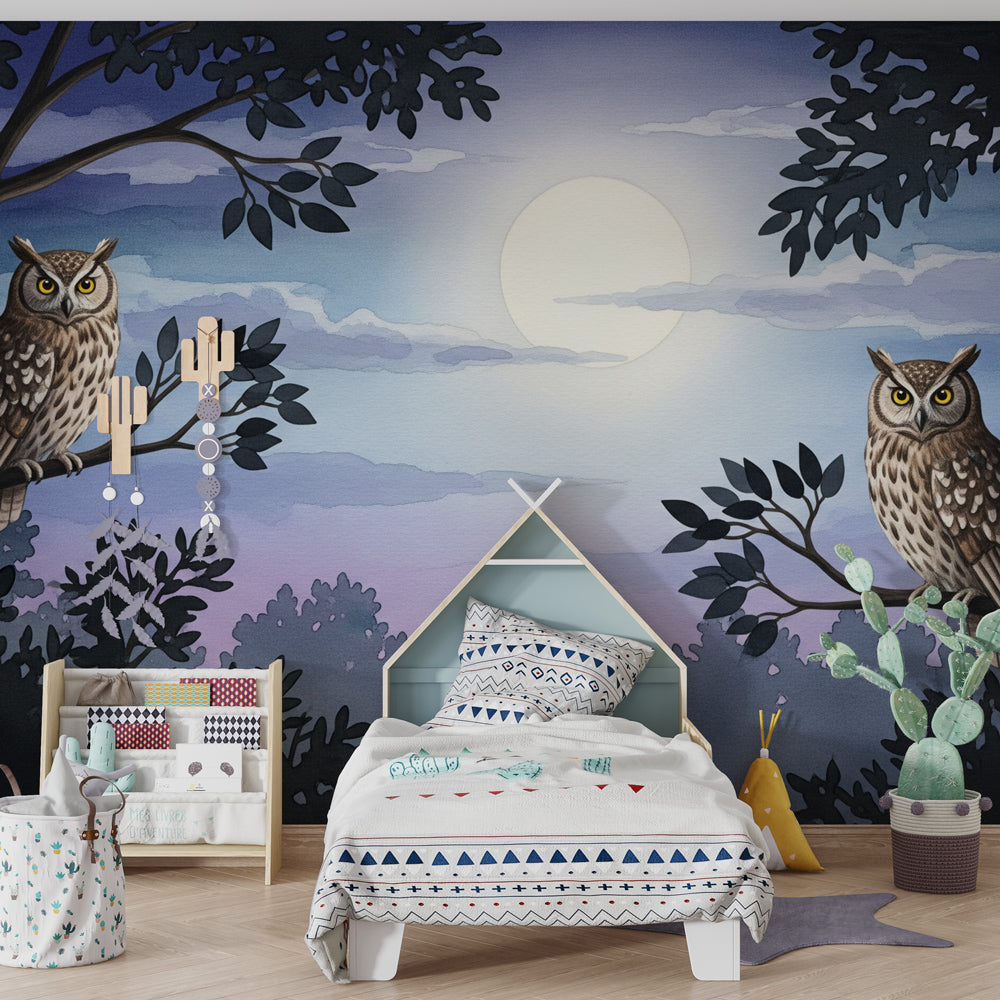 Moonlight owl wallpaper transforming children's bedroom into peaceful nighttime sanctuary