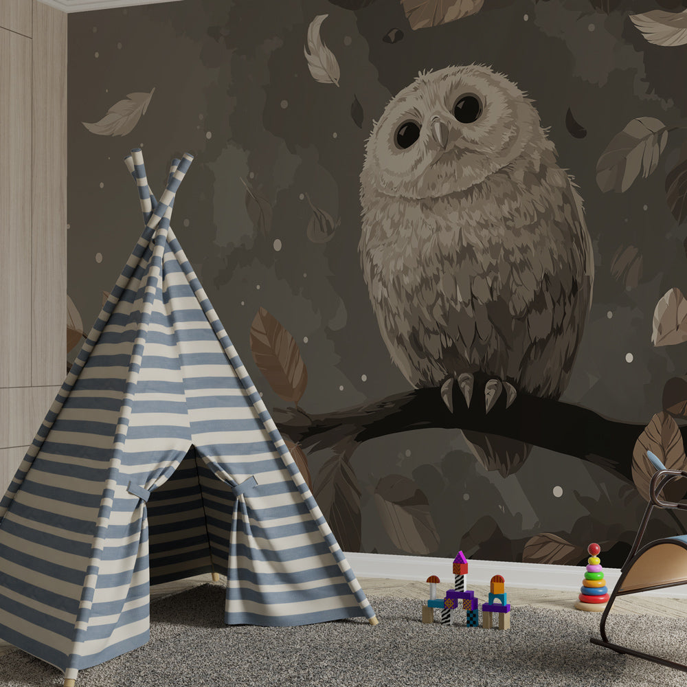 Owl wallpaper creating magical woodland atmosphere in modern kids bedroom with natural decor
