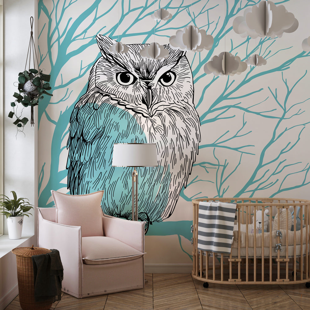 Children's bedroom featuring owl mural wallpaper with blue branches and white background by Kids-Mundo