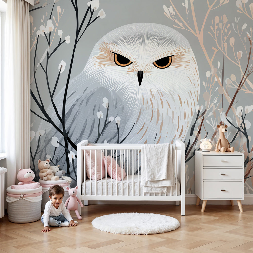 Mystical owl mural wallpaper transforming modern kids bedroom with nature theme by Kids-Mundo