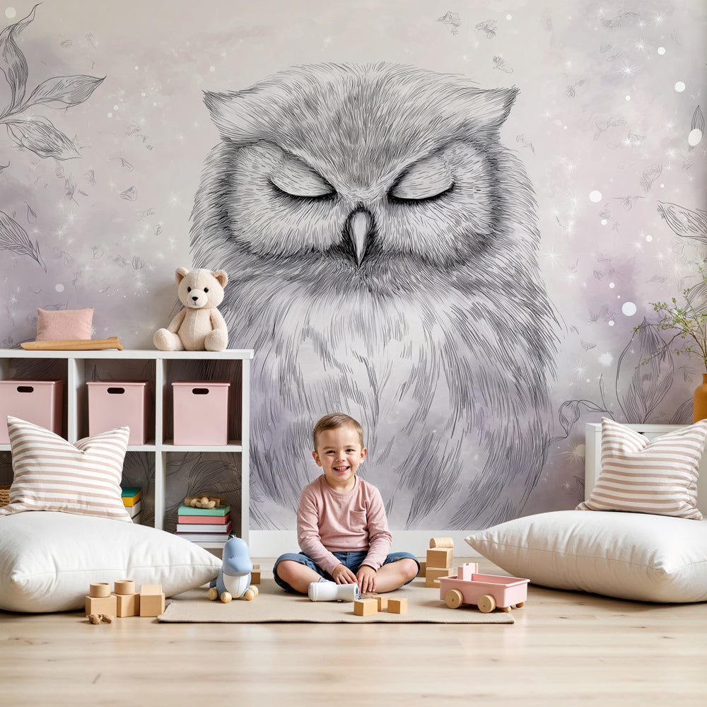 Dreamy owl mural wallpaper creating peaceful nursery atmosphere with soft gray and pink tones by Kids-Mundo