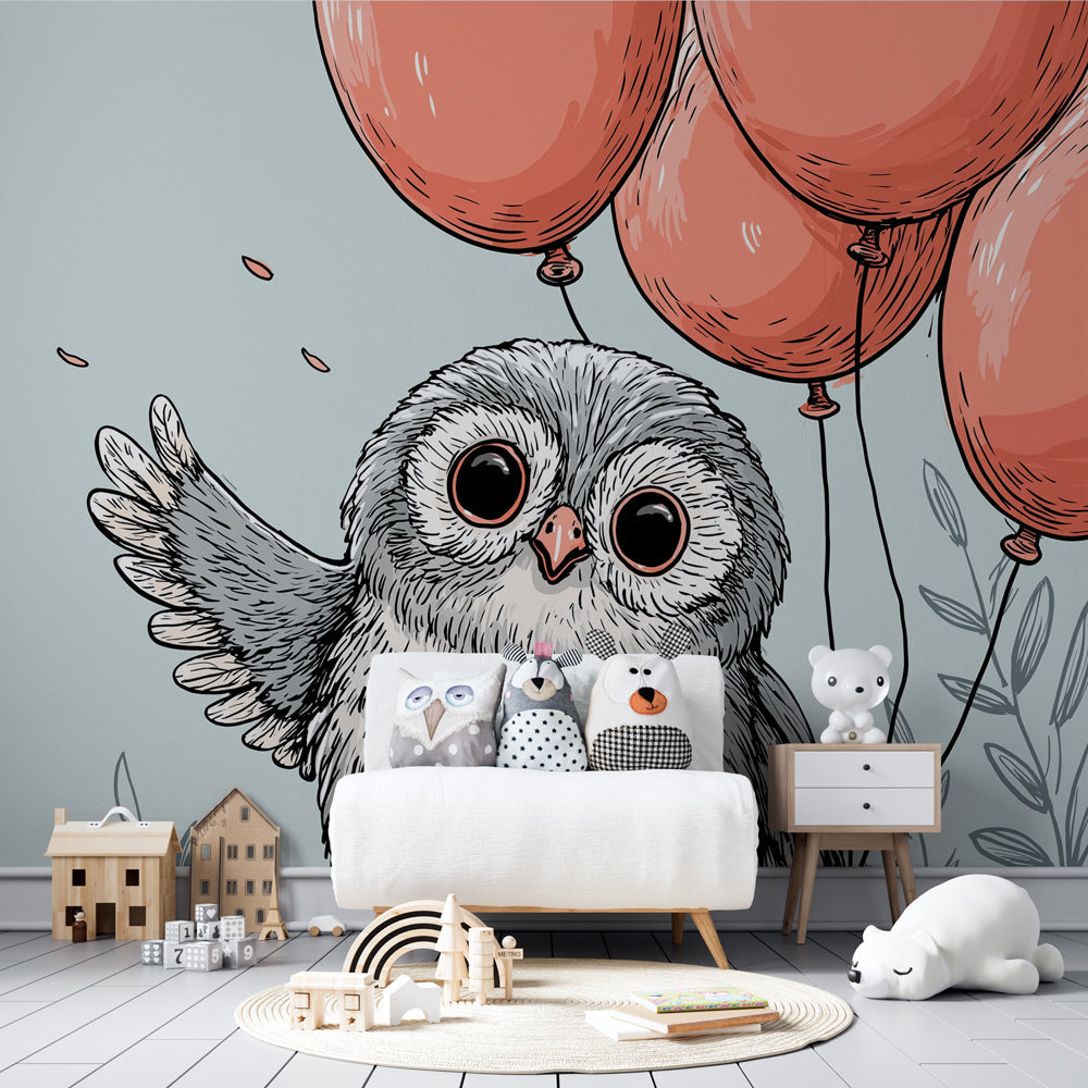 Owl wallpaper creating peaceful atmosphere in baby's room with soft pastel colors