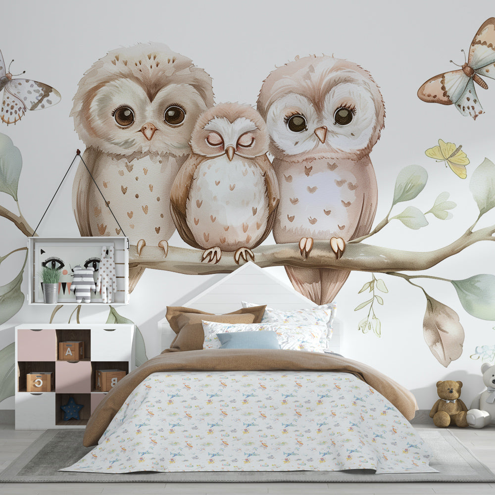 Owl and butterfly wallpaper creating magical woodland nursery decor with natural brown tones