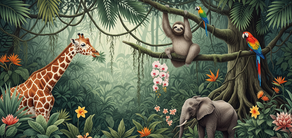Kids-Mundo flat artwork preview of the painterly jungle giraffe and sloth wall mural