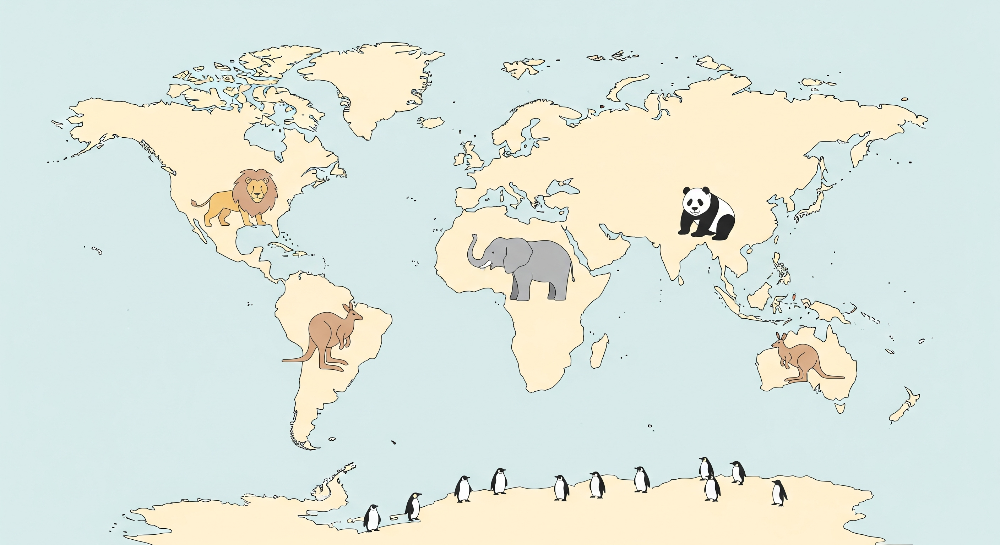 Pale Yellow World Map with Safari Animals Wall Mural