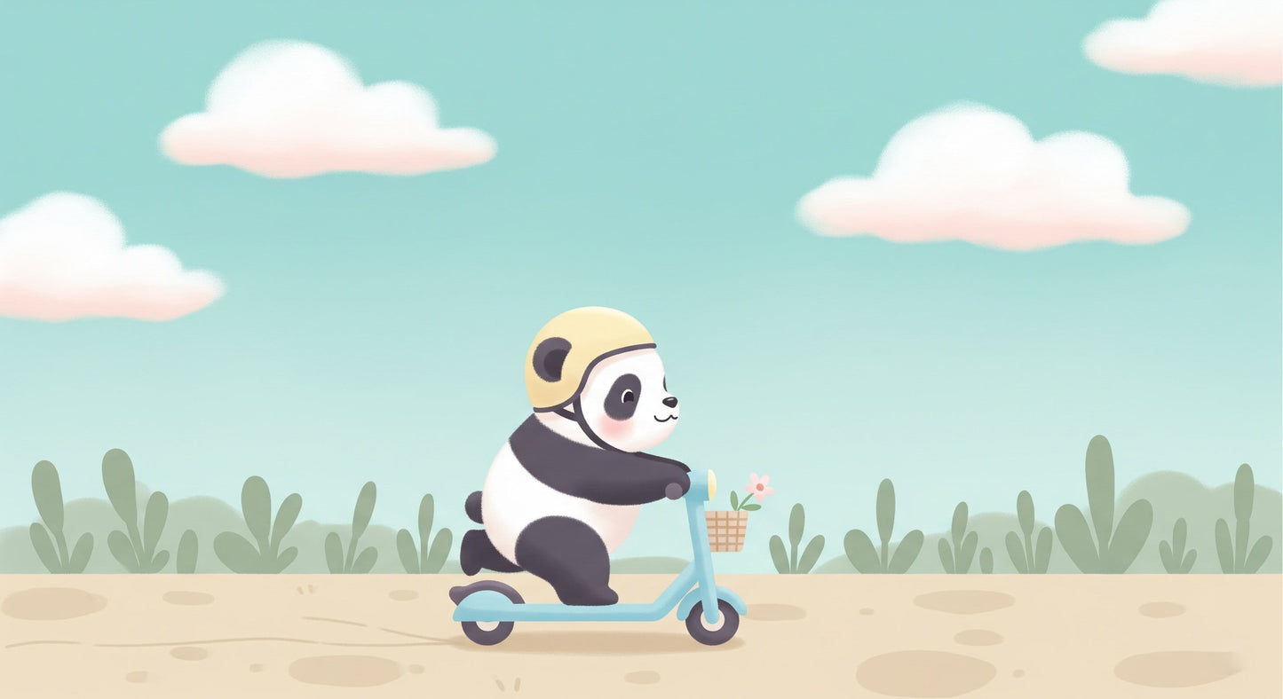 Detailed panda scooter adventure mural wallpaper design pattern with yellow helmet by Kids-Mundo