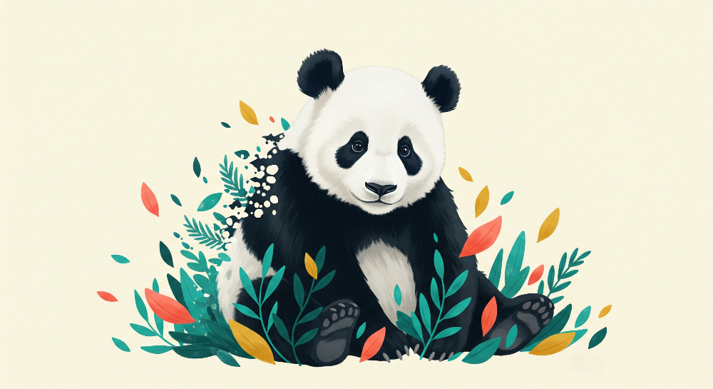 Kids-Mundo panda wall mural artwork showing a panda surrounded by teal, coral and mustard leaves.
