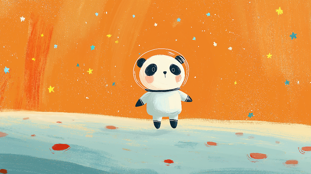 Kids-Mundo flat artwork of a panda astronaut standing alone on a glowing orange planet