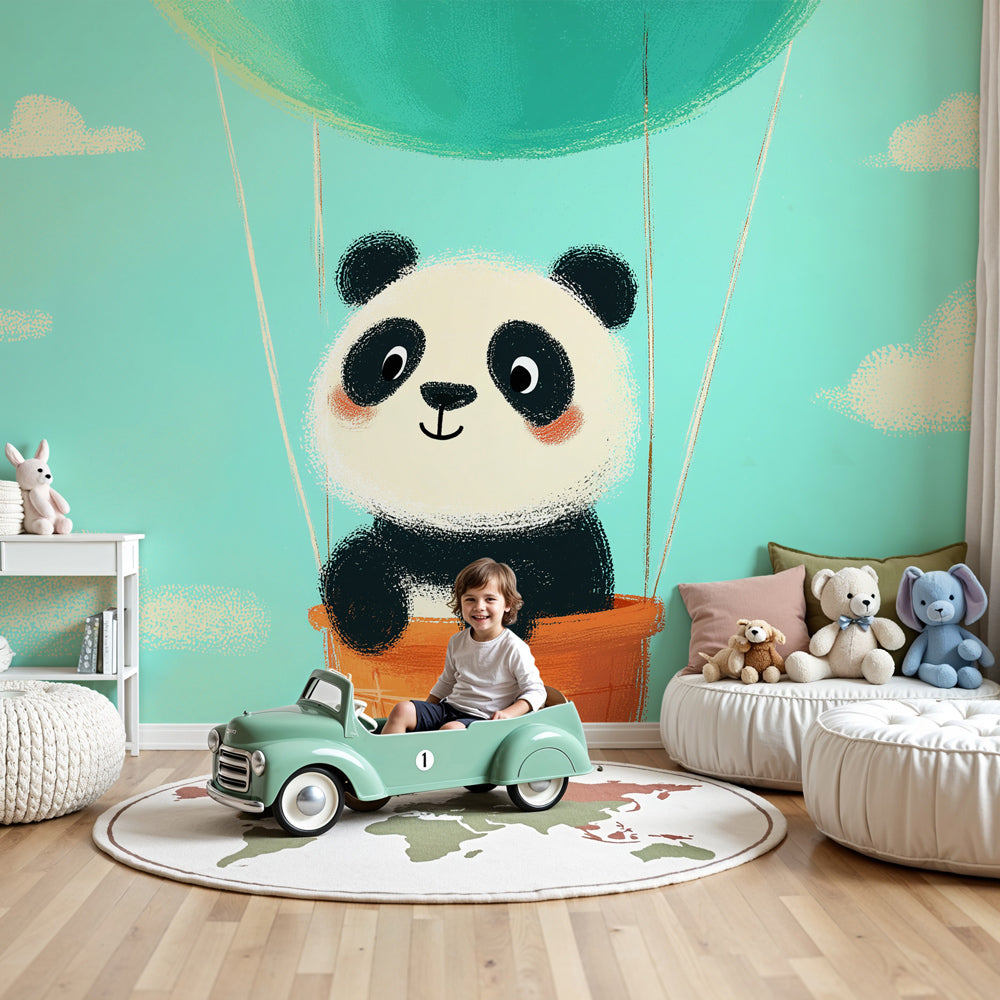 Panda hot air balloon mural wallpaper in cozy nursery setting by Kids-Mundo