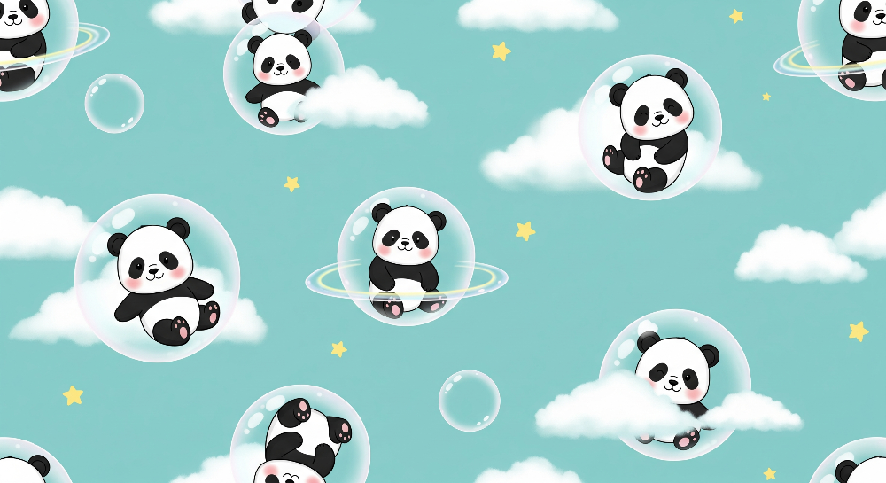 Kids-Mundo flat artwork of baby pandas floating in bubbles among soft clouds.