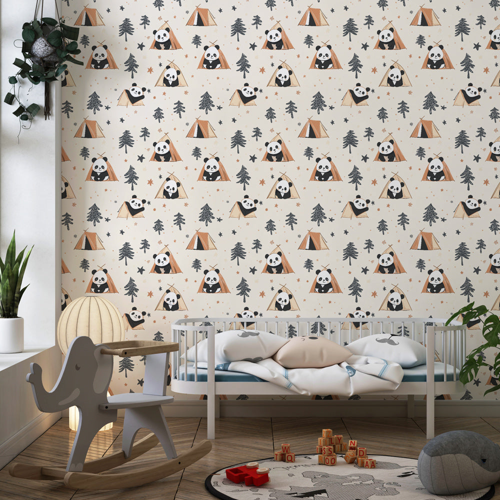 Forest camping wallpaper with pandas in tents for children's bedroom adventure theme decor