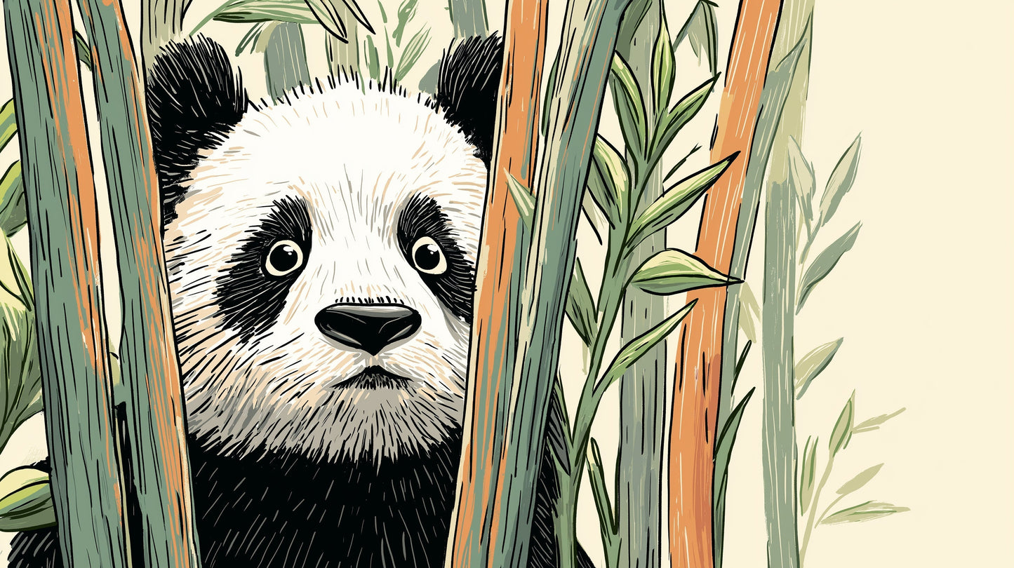 Detailed panda forest mural wallpaper design pattern showing curious panda in botanical setting by Kids-Mundo