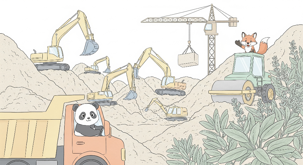 Kids-Mundo flat artwork of the panda and fox construction site wall mural design
