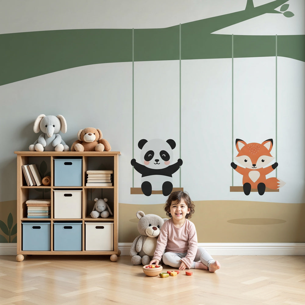 Panda and fox tree swing mural wallpaper in cozy nursery setting by Kids-Mundo