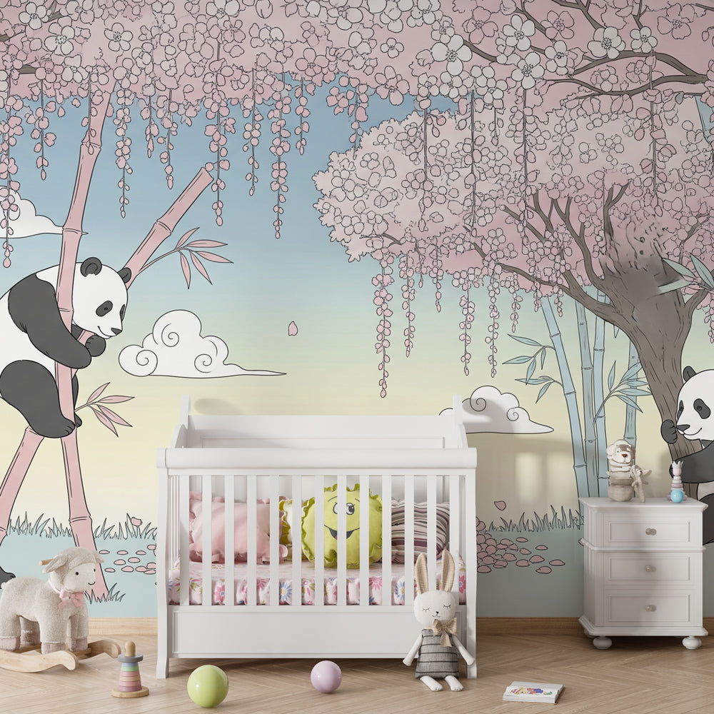 Cherry blossom panda wallpaper transforming children's bedroom into magical garden sanctuary