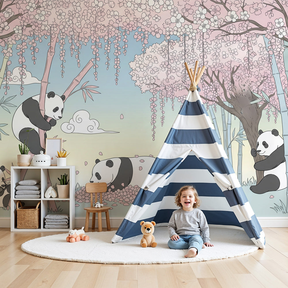 Panda garden mural wallpaper creating peaceful nursery decor with cherry blossom design by Kids-Mundo