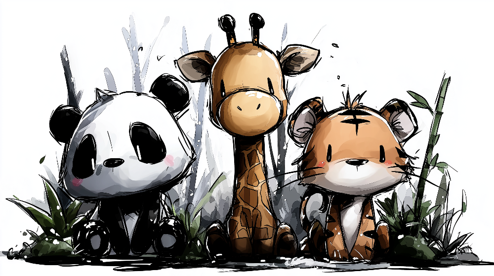 Kids-Mundo flat artwork of the sketch-style panda, giraffe and tiger wall mural design