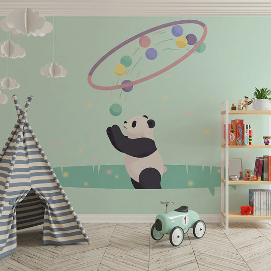 Kids-Mundo panda hoop wall mural behind a bed in a playful kids bedroom