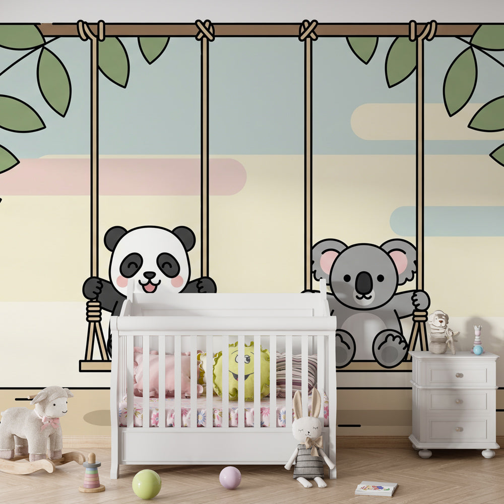 Swinging animals mural wallpaper creating peaceful atmosphere in children's bedroom decor