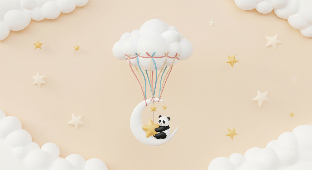 Kids-Mundo flat artwork of a panda on a crescent moon under a cloud balloon