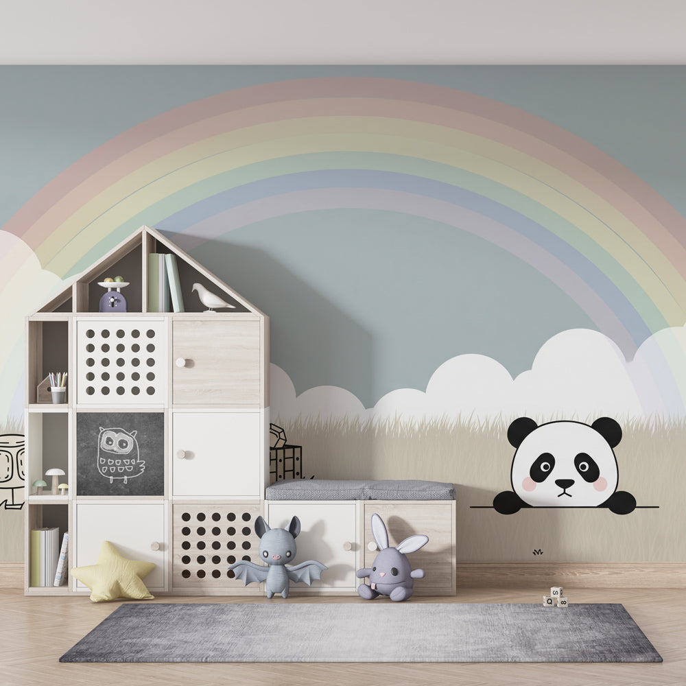 Curious panda and turtle wallpaper design for baby's room with pastel sky background