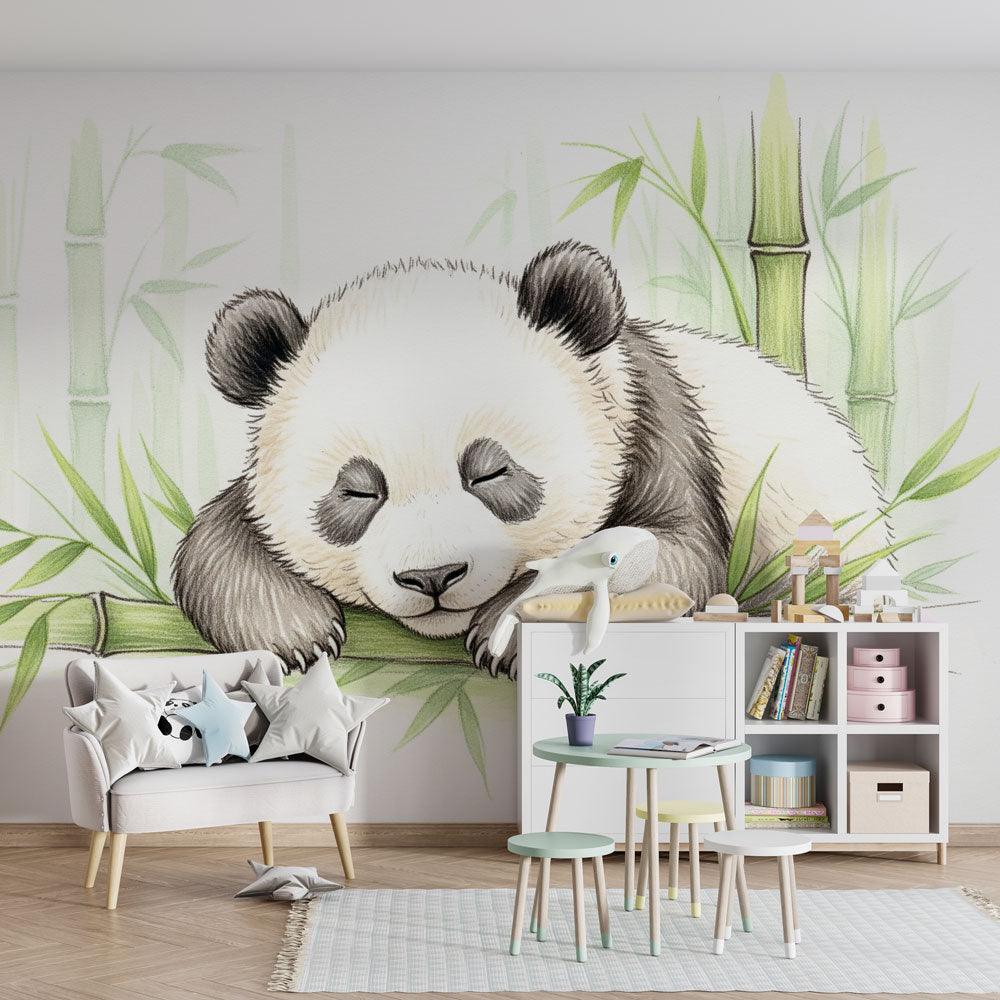 Bamboo forest panda wallpaper creating serene children's bedroom decor