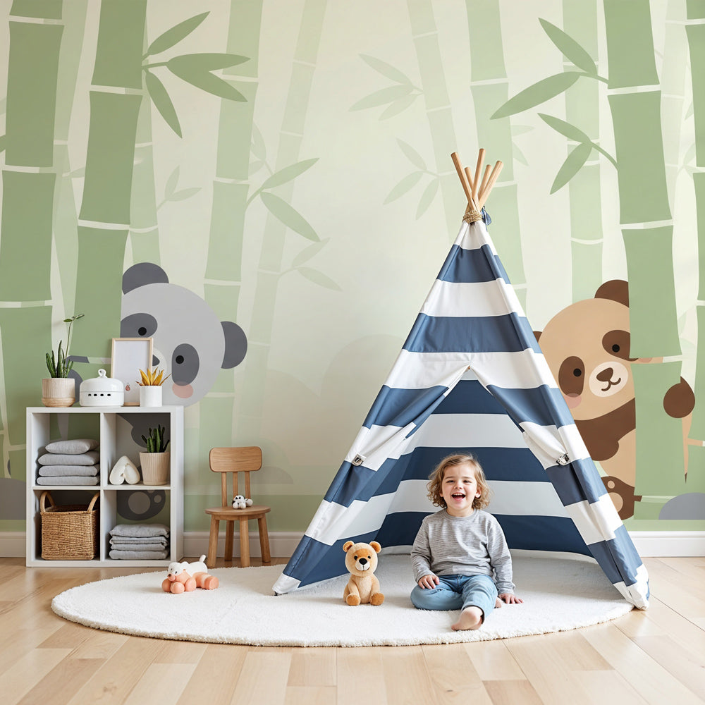 Panda mural wallpaper creating peaceful nursery decor with bamboo forest theme by Kids-Mundo
