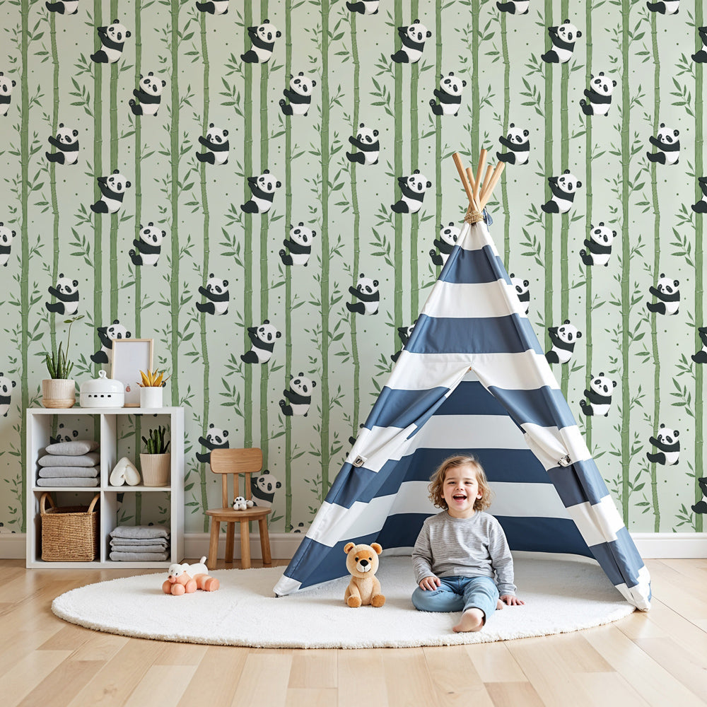 Panda mural wallpaper creating peaceful bamboo forest atmosphere in children's nursery by Kids-Mundo