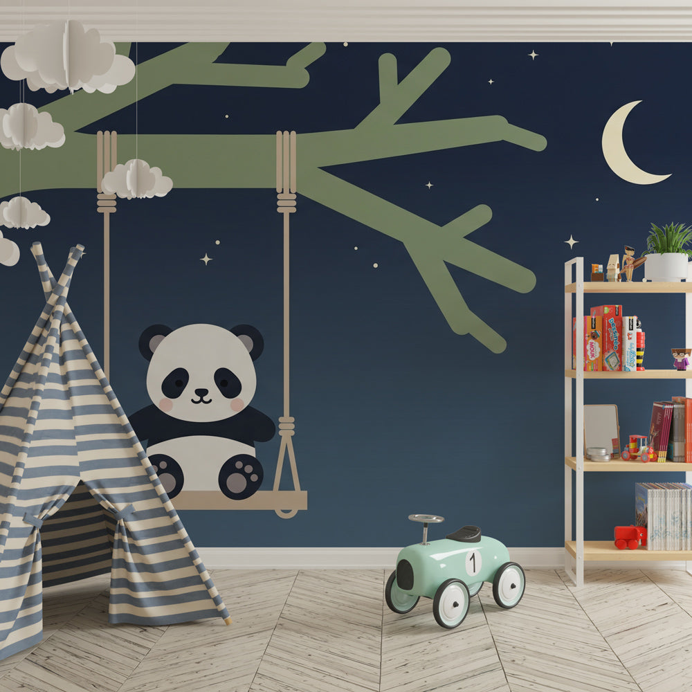 Starry night panda wallpaper transforming toddler bedroom with peaceful blue and green tones