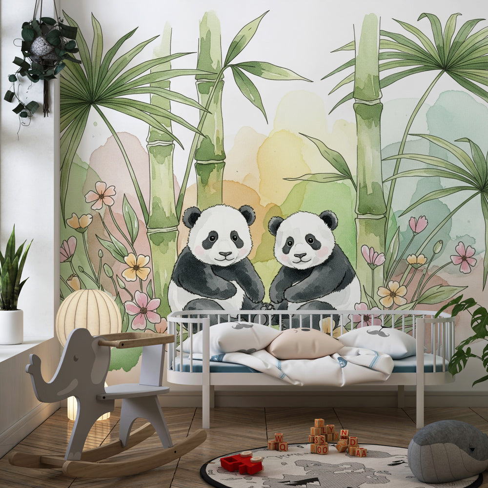 Bamboo panda wallpaper creating peaceful atmosphere in children's bedroom interior