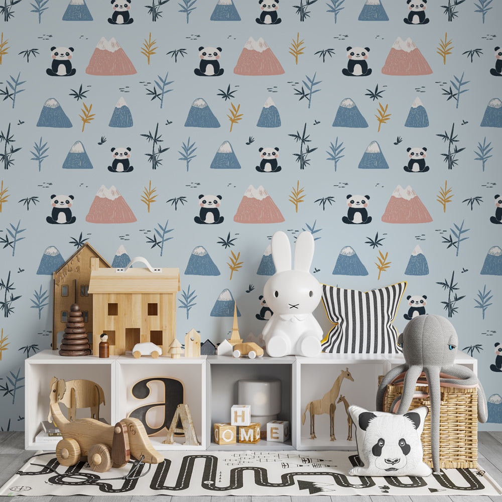 Panda mountain wallpaper creating playful kids bedroom decor with pastel colors