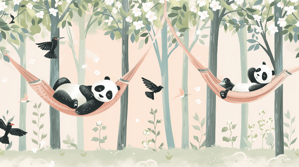 Detailed panda forest mural wallpaper design pattern showing dreamy woodland characters