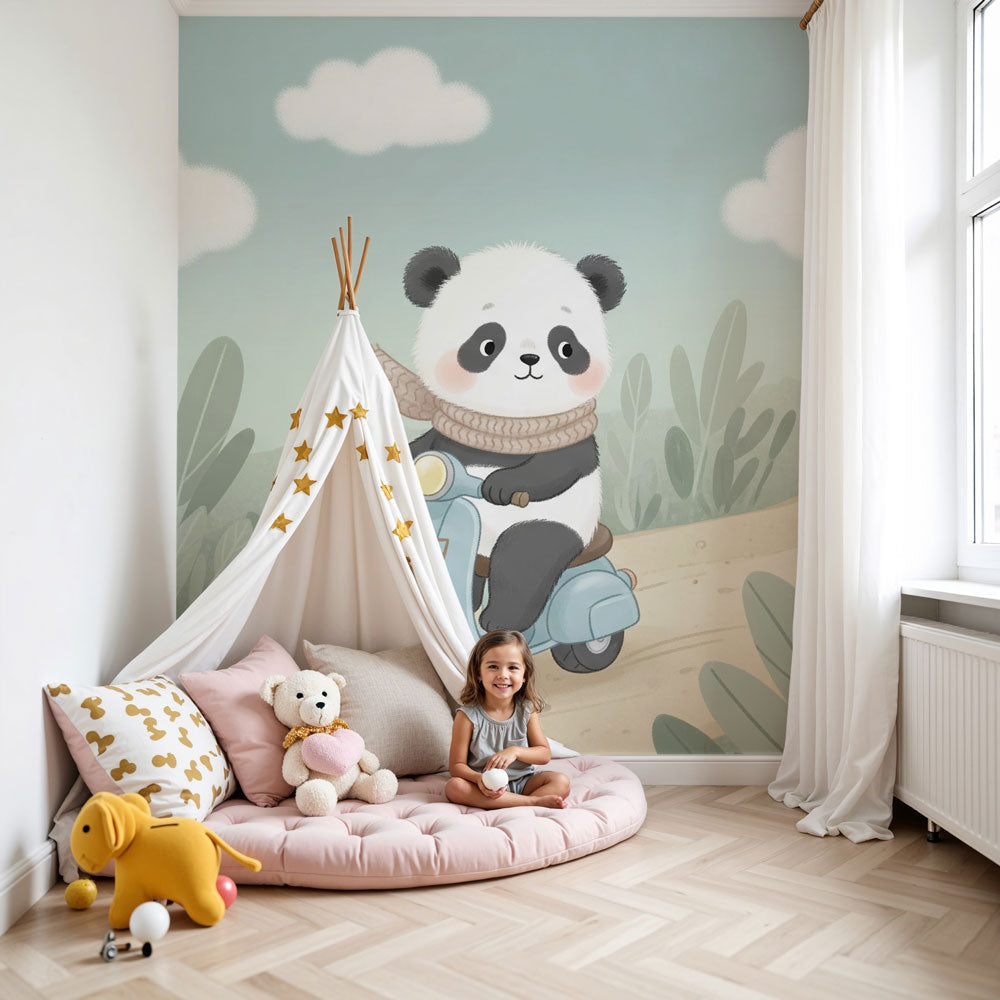 Panda scooter mural wallpaper in modern baby nursery with white crib by Kids-Mundo
