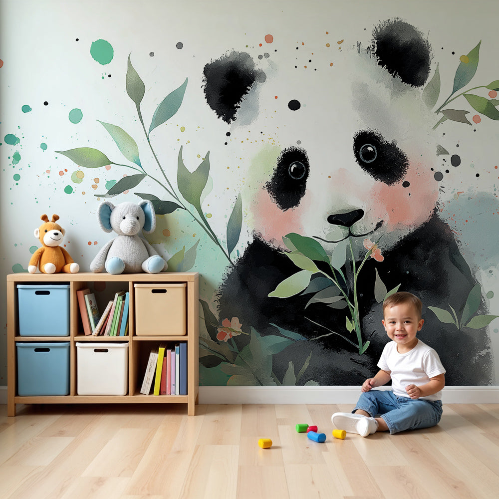 Adorable panda mural wallpaper creating peaceful nursery decor with watercolor nature design by Kids-Mundo