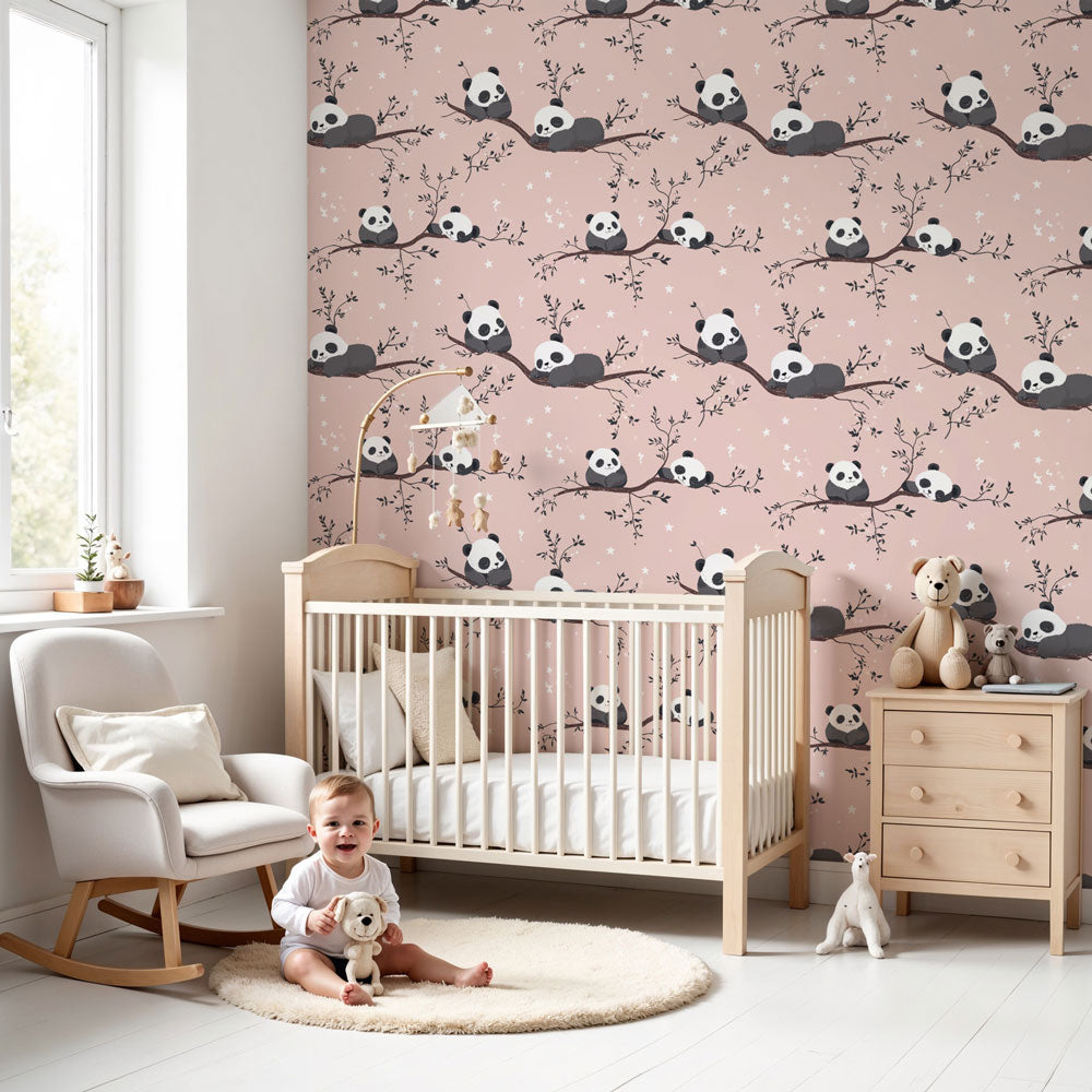Panda mural wallpaper in modern nursery with playful bears on branches by Kids-Mundo