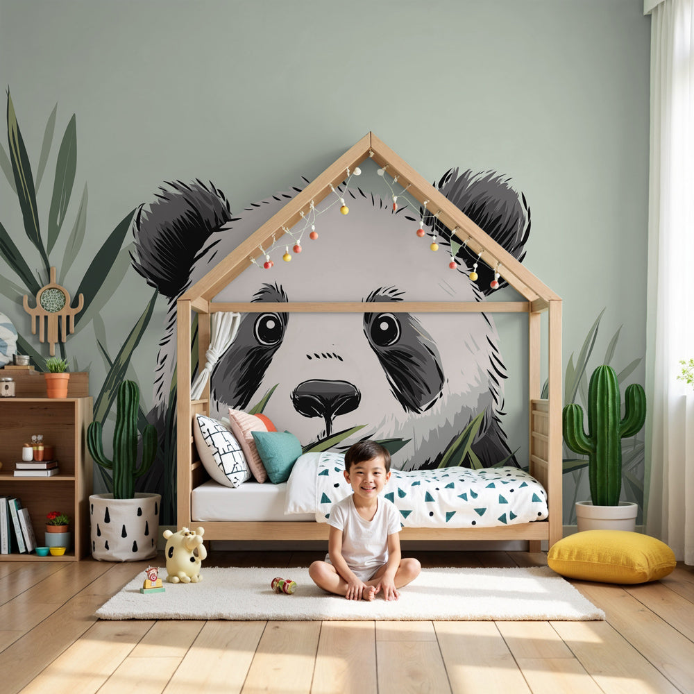 Panda mural wallpaper in green foliage decorating modern baby nursery by Kids-Mundo
