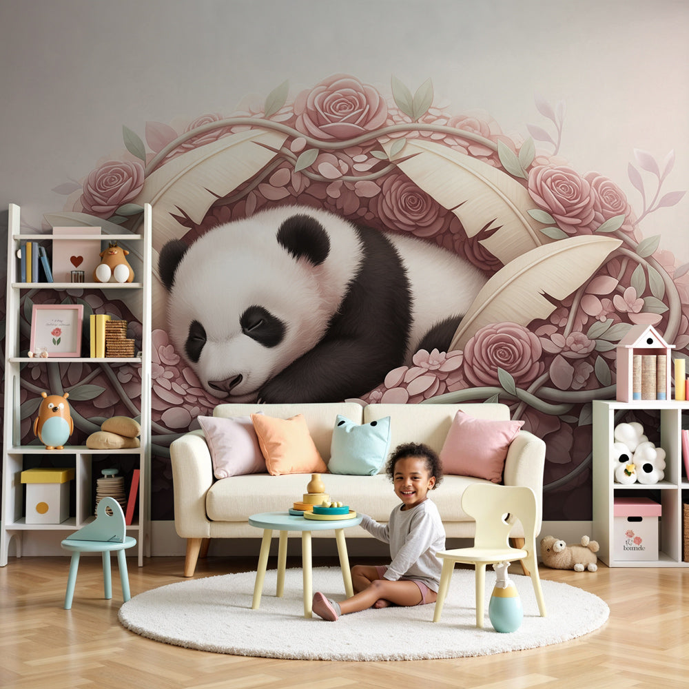 Sleeping panda mural wallpaper with pink flowers in modern baby nursery by Kids-Mundo