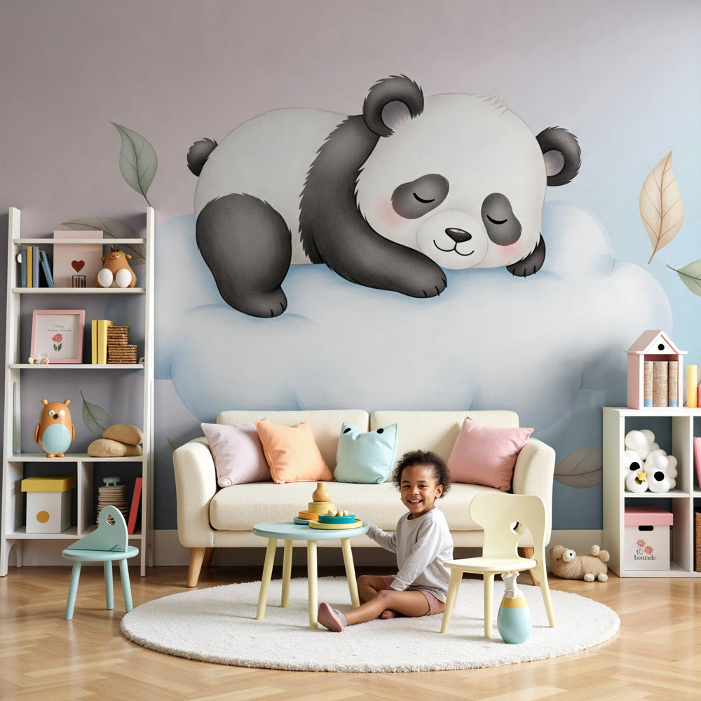 Sleeping panda mural wallpaper creating peaceful nursery decor with soft pastel clouds by Kids-Mundo
