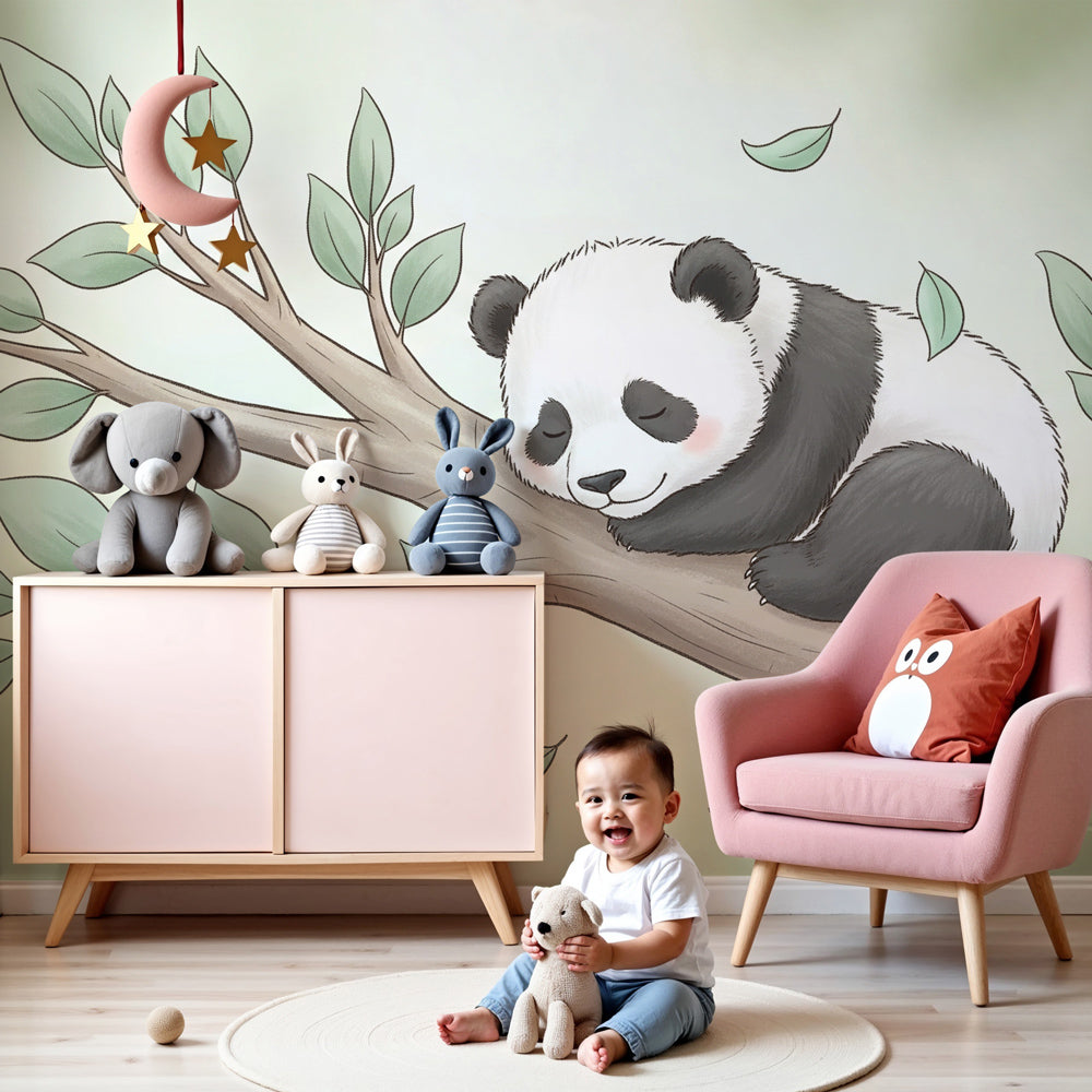 Peaceful panda mural wallpaper in modern nursery with sleeping baby panda design by Kids-Mundo