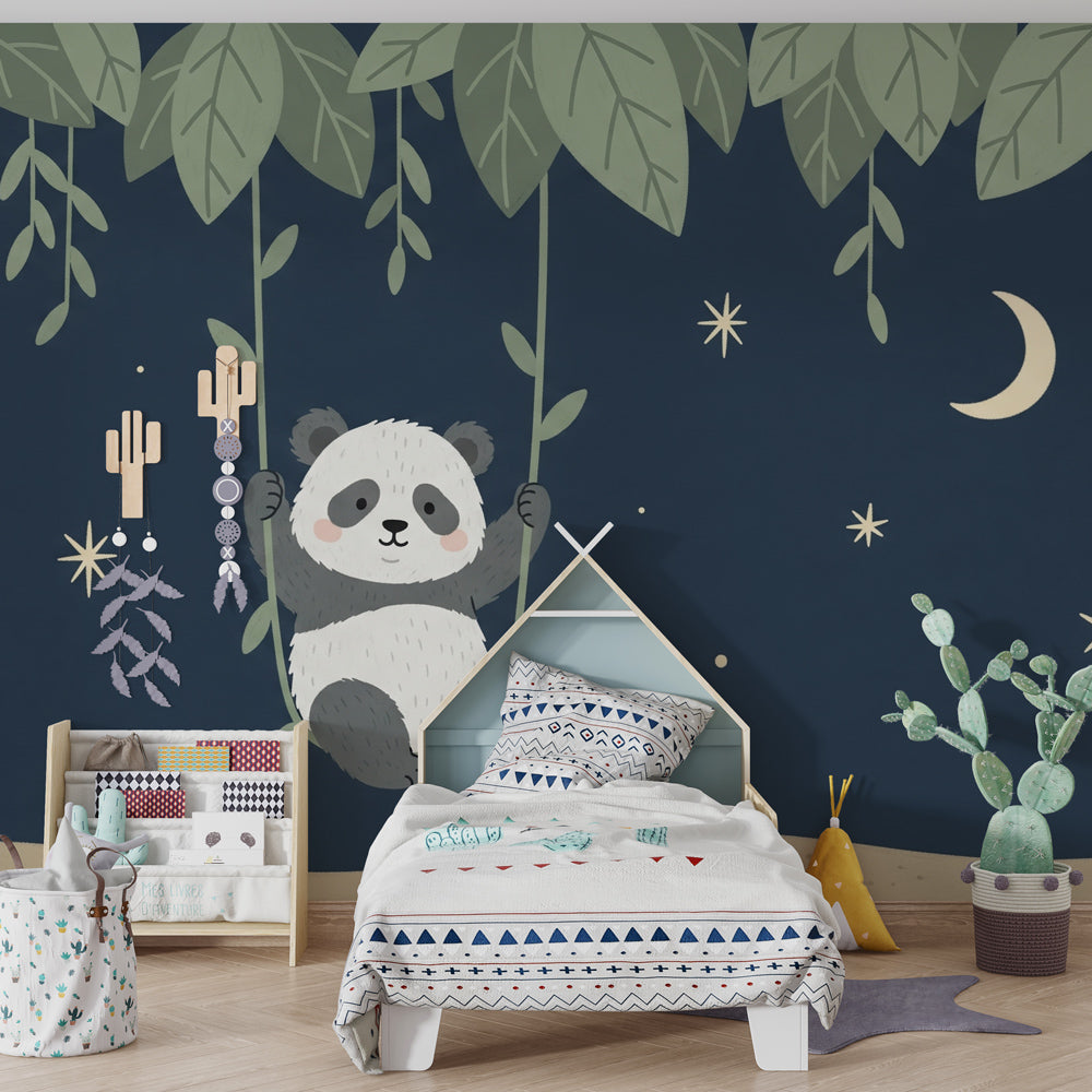 Playful panda wallpaper creating magical nighttime atmosphere in baby bedroom decor