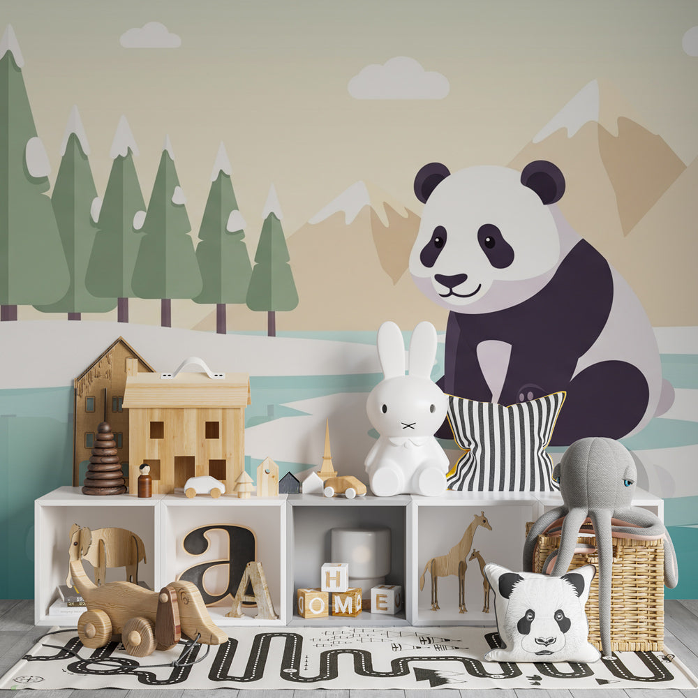 Arctic panda wallpaper creating peaceful winter theme in children's bedroom decor