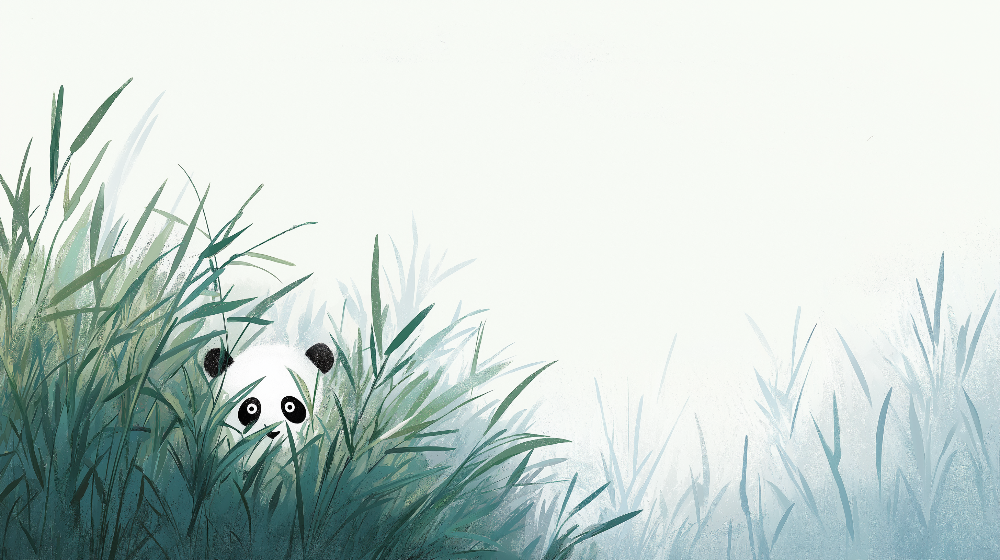 Kids-Mundo flat artwork of a panda peeking through misty bamboo grass in soft blue and green tones