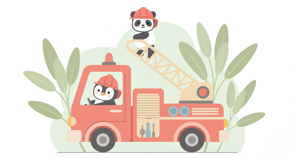 Kids-Mundo flat artwork preview of the panda and penguin firefighter wall mural design