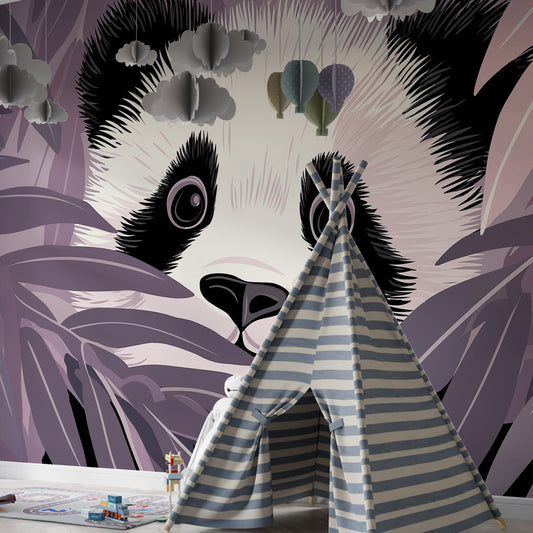 Kids-Mundo panda foliage wall mural styled in a modern child's bedroom