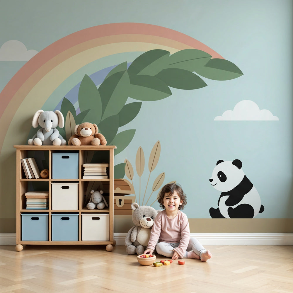 Panda rainbow mural wallpaper in cozy baby nursery with natural wood crib by Kids-Mundo